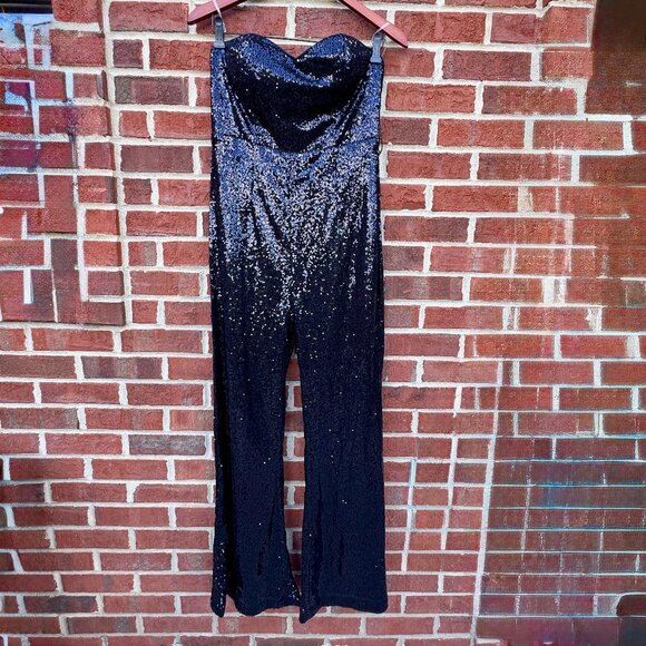Faeriesty Sequin Jumpsuit Large Black Strapless Sweetheart Glam Special Occasion - Picture 1 of 14